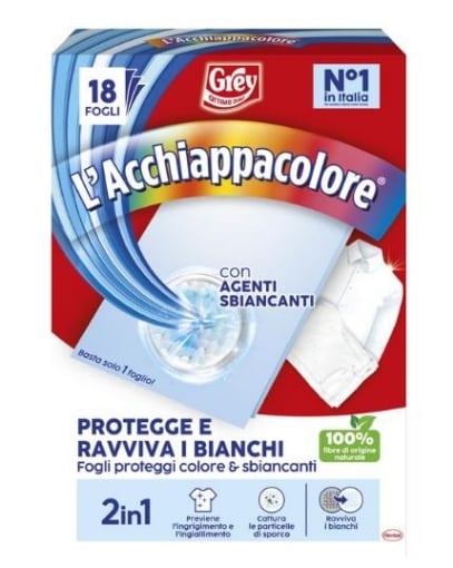 GREY CON AGENTI SBIANCANTI PROTEGGE E RIAVVIVA I BIANCHI 100% FIBRE DI ORIGINE NATURALE 18 FOGLI OKX