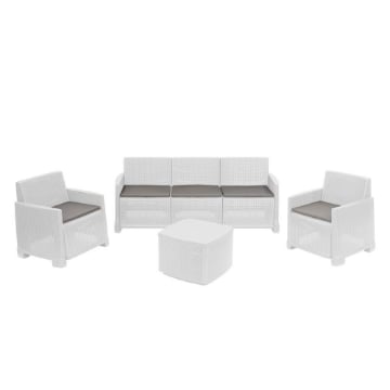SET SALOTTINO GARDA 2 POLTRONE 1 DIVANO A TRE POSTI 1 TAVOLINO PER ESTERNI E INTERNI IN POLIPROPILENE COLORE BIANCO OKX