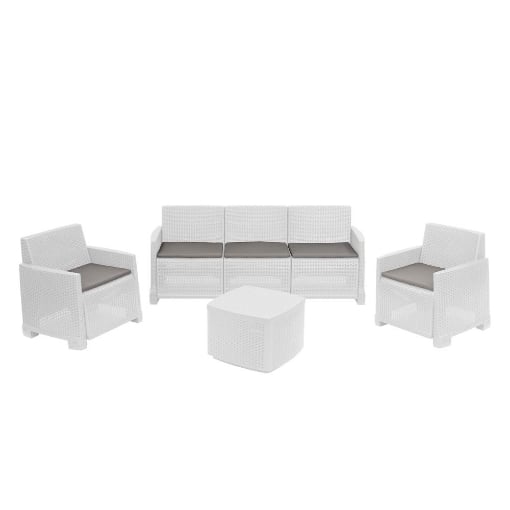 SET SALOTTINO GARDA 2 POLTRONE 1 DIVANO A TRE POSTI 1 TAVOLINO PER ESTERNI E INTERNI IN POLIPROPILENE COLORE BIANCO OKX