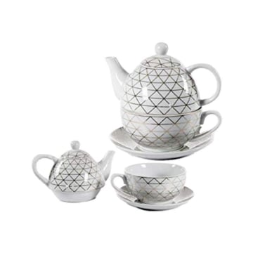 SET DA TÈ CON TAZZA E TEIERA INCORPORATA BIANCA E ORO