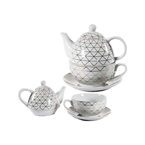 SET DA TÈ CON TAZZA E TEIERA INCORPORATA BIANCA E ORO
