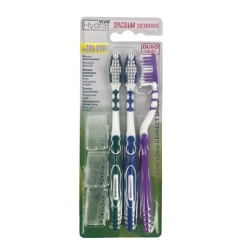 HYDRA VIVA SET 3 SPAZZOLINI SETOLE ARROTONDATE GOMMA MASSAGGIA GENGIVE TESTINA ERGONOMICA IMPUGNATURA ANTISCIVOLO COLORI ASSORTITI OKX 