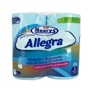 MAURY'S CARTA IGIENICA 4 ROTOLI 3 VELI COLORE CELESTE DELICATAMNETE PROFUMATA MORBIDA E RESISTENTE 550 GR OKX