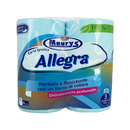 MAURY'S CARTA IGIENICA 4 ROTOLI 3 VELI COLORE CELESTE DELICATAMNETE PROFUMATA MORBIDA E RESISTENTE 550 GR OKX