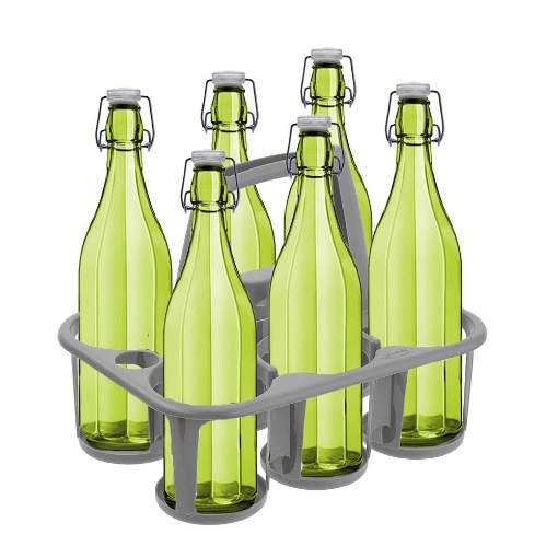 SET PORTA BOTTIGLIE IN PLASTICA + 6 BOTTIGLIE IN VETRO DA 1 LT