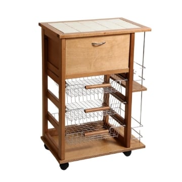 CARRELLO VESUVIO PORTAPANE+PORTABOTTIGLIE ROVERE IN FAGGIO BASE INFERIORE MULTISTRATO DI BETULLA 1 CASSETTO 3 CESTELLI PIANO MATTONELLE IN CERAMICA OKX