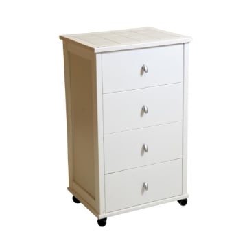 VESUVIO POKER CASSETTIERA COLORE BIANCO IN FAGGIO BASE INFERIORE DI BETULLA 4 CASSETTI PIANO MATTONELLE IN CERAMICA 84X49X39 CM OKX 
