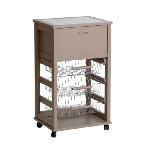 VESUVIO CARRELLO PORTA PANE TORTORA IN FAGGIO BASE INFERIORE DI BETULLA 1 CASEETTO 3 CESTELLI PIANO MATTONELLE IN CERAMICA 85X49X39 CM OKX