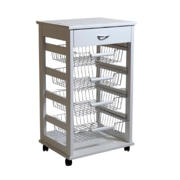 VESUVIO CARRELLO PORTA FRUTTA CON CASSETTO BIANCO IN FAGGIO BASE DI BETULLA 1 CASSETTO 4 CESTELLI RUOTE IN PLASTICA GOMMATA  85X49X39 CM OKX