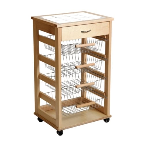 VESUVIO CARRELLO PORTA FRUTTA CON CASSETTO NATURALE IN FAGGIO BASE DI BETULLA 1 CASSETTO 4 CESTELLI RUOTE IN PLASTICA GOMMATA 85X49X39 CM OKX