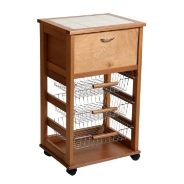CARRELLO VESUVIO PORTAPANE ROVERE IN FAGGIO BASE INFERIORE MULTISTRATO DI BETULLA 1 CASSETTO 3 CESTELLI PIANO MATTONELLE IN CERAMICA OKX 