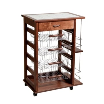 CARRELLO VESUVIO CON CASSETTO+PORTABOTTIGLIE NOCE IN FAGGIO BASE MULTISTRATO DI BETULLA 1 CASSETTO 4 CESTELLI PIANO MATTONELLE IN CERAMICA OKX
