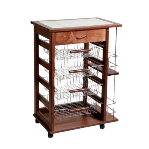 CARRELLO VESUVIO CON CASSETTO+PORTABOTTIGLIE NOCE IN FAGGIO BASE MULTISTRATO DI BETULLA 1 CASSETTO 4 CESTELLI PIANO MATTONELLE IN CERAMICA OKX