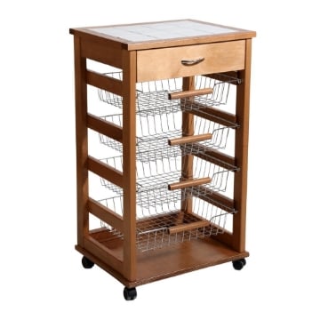CARRELLO VESUVIO CON CASSETTO ROVERE IN FAGGIO BASE INFERIORE MULTISTRATO DI BETULLA 1 CASSETO 4 CESTELLI PIANO MATTONELLE IN CERAMICA OKX 