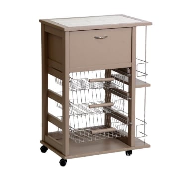 CARRELLO VESUVIO C/CASSETTO+PORTABOTTIGLIE TORTORA IN FAGGIO BASE INFERIORE MULTISTRATO DI BETULLA 1 CASSETTO 3 CESTELLI PIANO MATTONELLE IN CERAMICA OKX