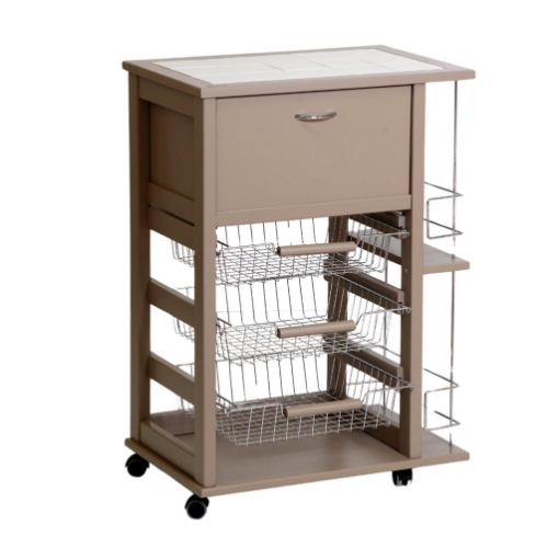 CARRELLO VESUVIO C/CASSETTO+PORTABOTTIGLIE TORTORA IN FAGGIO BASE INFERIORE MULTISTRATO DI BETULLA 1 CASSETTO 3 CESTELLI PIANO MATTONELLE IN CERAMICA OKX