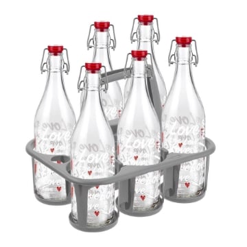 SET PORTA BOTTIGLIE IN PLASTICA + 6 BOTTIGLIE IN VETRO DA 1 LT