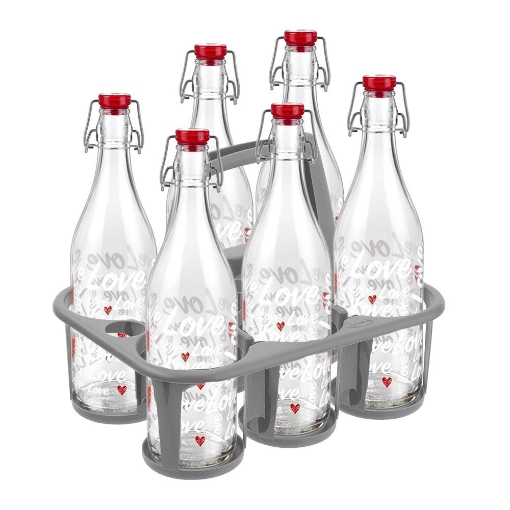 SET PORTA BOTTIGLIE IN PLASTICA + 6 BOTTIGLIE IN VETRO DA 1 LT