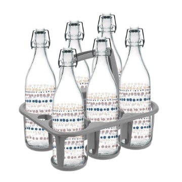 SET PORTA BOTTIGLIE IN PLASTICA + 6 BOTTIGLIE IN VETRO DA 1 LT