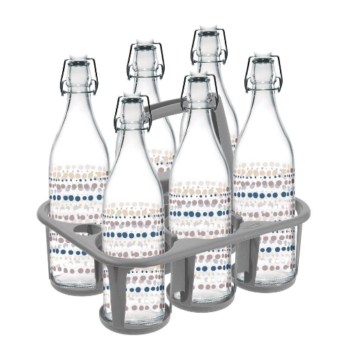 SET PORTA BOTTIGLIE IN PLASTICA + 6 BOTTIGLIE IN VETRO DA 1 LT