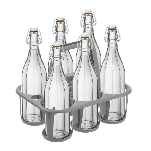 SET PORTA BOTTIGLIE IN PLASTICA + 6 BOTTIGLIE IN VETRO DA 1 LT