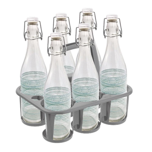 SET PORTA BOTTIGLIE IN PLASTICA + 6 BOTTIGLIE IN VETRO DA 1 LT