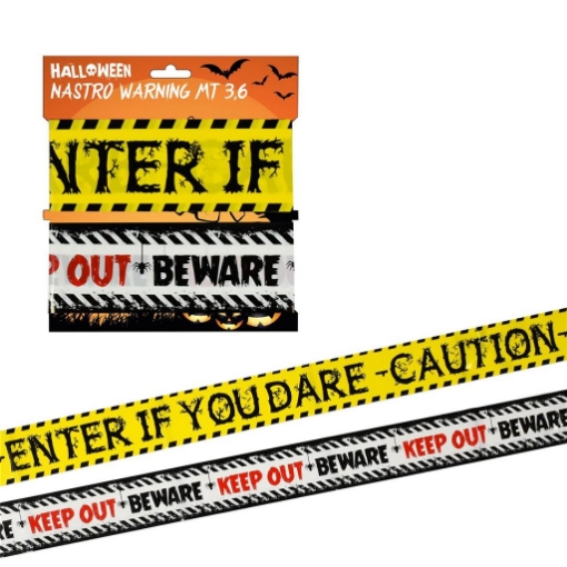 HALLOWEEN NASTRO CON SCRITTA WARNING 2 PZ 6,5 METRI SIMPATICO E DECORATIVO 