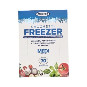 MAURY'S SACCHETTI FREEZER CON LEGACCI DI CHIUSURA ED ETICHETTA PRESTAMPATA 70 SACCHETTI MEDI 23X32 CM OKX