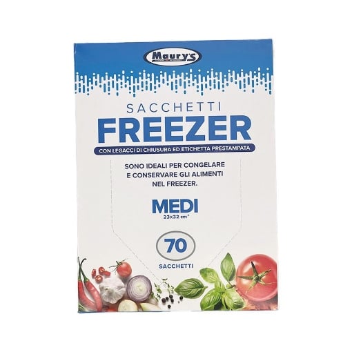 MAURY'S SACCHETTI FREEZER CON LEGACCI DI CHIUSURA ED ETICHETTA PRESTAMPATA 70 SACCHETTI MEDI 23X32 CM OKX