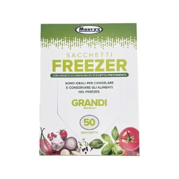 MAURY'S SACCHETTI FREEZER CON LEGACCI DI CHIUSURA ED ETICHETTA PRESTAMPATA 50 SACCHETTI GRANDI 29X42 CM OKX