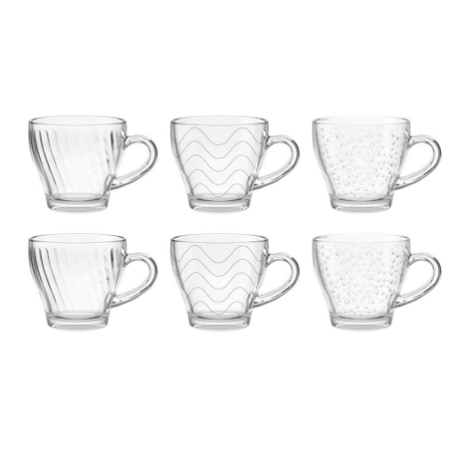 MA MAISON CLEAR SET 6 TAZZINE CAFFE' CON MANICO IN VETRO FANTASIA E RILIEVO ASSORTITO 90 ML OKX