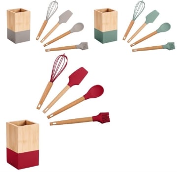 MA MAISON PORTA UTENSILI CON 4 UTENSILI IN LEGNO E IN SILICONE COLORI ASSORTITI 