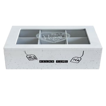 MA MAISON SCATOLA PORTA TÈ IN LEGNO  CON VETRO 6 SCOMPARTI COLORE BIANCO CON DECORI 23X17 CM OKX