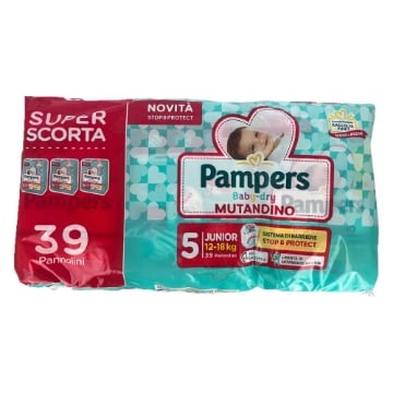 PAMPERS BABY-DRY MUTANDINO SUPER SCORTA SISTEMA DI BARRIERE STOP AND PROTECT JUNIOR 12-18 KG 39 PANNOLINI 12H ASCIUTTO OKX