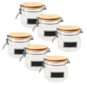 MA MAISON SET 6 PURE GLAS BARATTOLI IN VETRO CON TAPPO IN LEGNO CHIUSURA A CLIP + ETICHETTA PER PERSONALIZZAZIONE 12X12X11H CM 