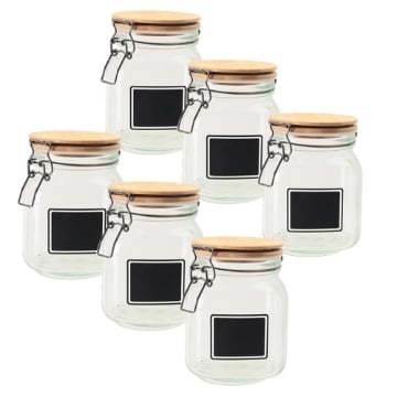 MA MAISON SET 6 PURE GLAS BARATTOLI IN VETRO CON TAPPO IN LEGNO CHIUSURA A CLIP + ETICHETTA PER PERSONALIZZAZIONE 12X12X16H CM 