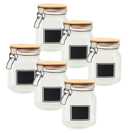 MA MAISON SET 6 PURE GLAS BARATTOLI IN VETRO CON TAPPO IN LEGNO CHIUSURA A CLIP + ETICHETTA PER PERSONALIZZAZIONE 12X12X16H CM 