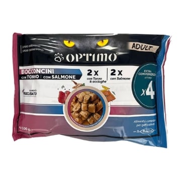 OPTIMO ADULT BOCCONCINI 2X TONNO E ACCIUGHE 2X SALMONE ALIMENTO PRELIBATO SENZA CONSERVANTI E COLORANTI 4X100 G OKX