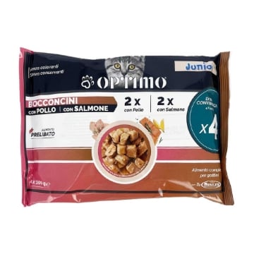 OPTIMO JUNIOR PER GATTI BOCCONCINI X2 POLLO 2X SALMONE ALIMENTO PRELIBATO SENZA COLORANTI SENZA CONSERVANTI 4X100 G OKX