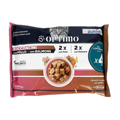 OPTIMO JUNIOR PER GATTI BOCCONCINI X2 POLLO 2X SALMONE ALIMENTO PRELIBATO SENZA COLORANTI SENZA CONSERVANTI 4X100 G OKX