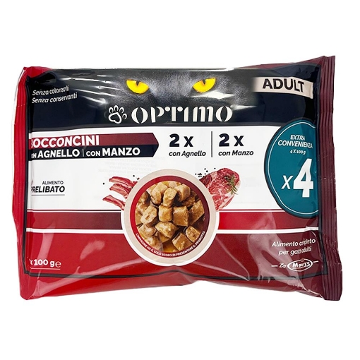 OPTIMO ADULT PER GATTI BOCCONCINI 2X AGNELLO 2X MANZO ALIMENTO PRELIBATO SENZA COLORANTI SENZA CONSERVANTI 4X100 G OKX