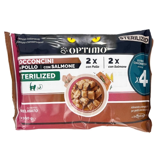 OPTIMO STERILIZED PER GATTI BOCCONCINI 2X POLLO 2X SALMONE ALIMENTO PRELIBATO SENZA COLORANTI E CONSERVANTI 4X100 G OKX
