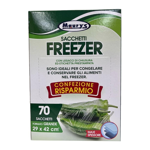 MAURY'S SACCHETTI FREEZER CON LEGACCI DI CHIUSURA ED ETICHETTA PRESTAMPATA FORMATO GRANDE 70 SACCHETTI MAXI SPESSORE 29X42 CM OKX 