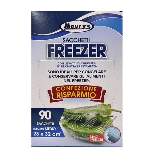 MAURY'S SACCHETTI FREEZER CON LEGACCI DI CHIUSURA ED ETICHETTA PRESTAMPATA 90 SACCHETTI MAXI SPESSORE 23X32 CM OKX