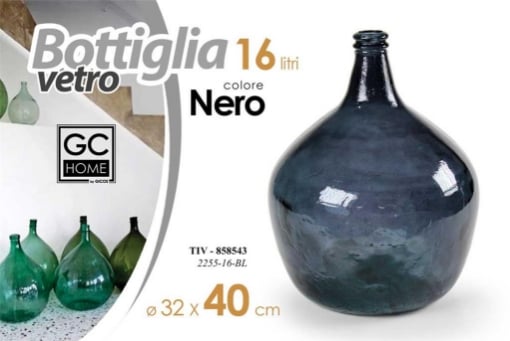 VASO BOTTIGLIA IN VETRO LAVORATO E RAFFINATO NERO DA 26 LITRI DIAMETRO 32X40 CM 