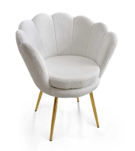 POLTRONA TESSUTO TEDDY COLORE BIANCO A FORMA DI CONCHIGLIA CON GAMBE IN METALLO ORO SEDUTA IMBOTTITA 69X60X80 CM MAX 130 KG
