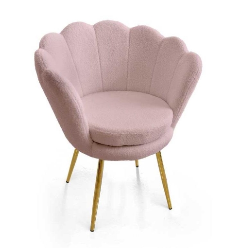 POLTRONA TESSUTO TEDDY COLORE ROSA A FORMA DI CONCHIGLIA CON GAMBE IN METALLO ORO SEDUTA IMBOTTITA 69X60X80 CM MAX 130 KG