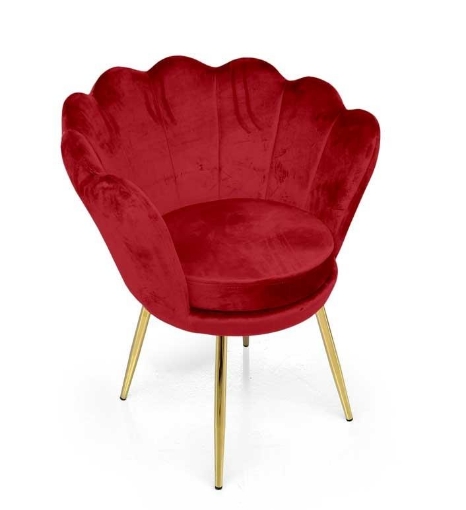 POLTRONA IN VELLUTO COLORE ROSSO A FORMA DI CONCHIGLIA CON GAMBE IN METALLO ORO SEDUTA IMBOTTITA 69X60X80 CM
