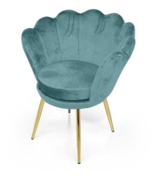 POLTRONA IN VELLUTO COLORE BLU-VERDE A FORMA DI CONCHIGLIA CON GAMBE IN METALLO ORO SEDUTA IMBOTTITA 58X67X79 CM MAX 110 KG