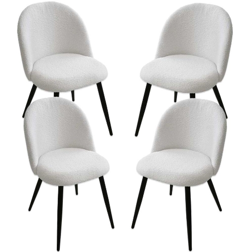 SET 4 POLTRONE IMBOTTITE IN TESSUTO TEDDY COLORE BIANCO SEDIA CON GAMBE IN METALLO NERO 48X50X79 CM PORTATA MAX 130 KG